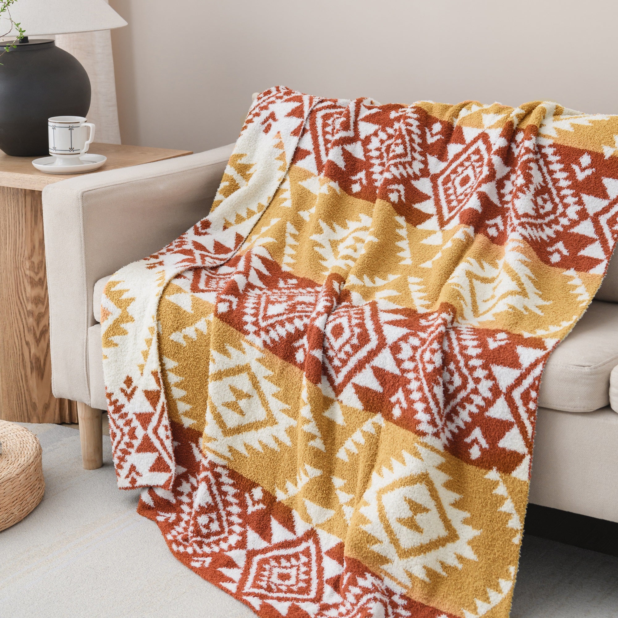 Jacquard Knit Throw Throw Blanket 50 x 60 inches Brown Aztec