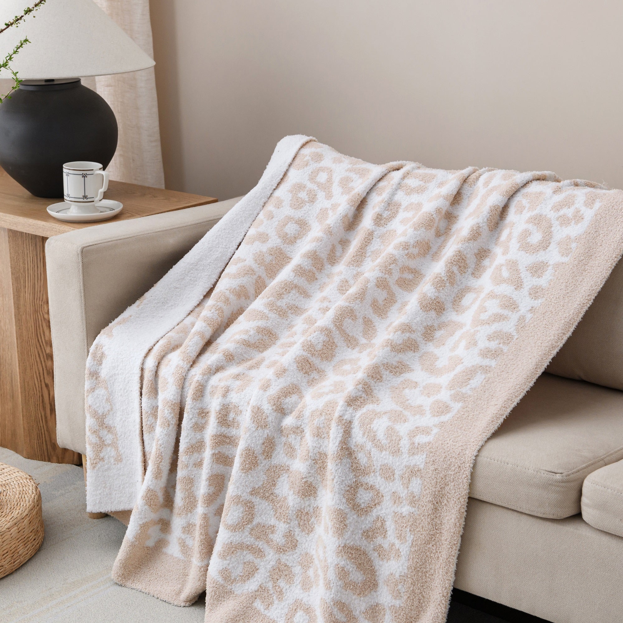 Jacquard Knit Throw Throw Blanket 50 x 60 inches Taupe Leopard