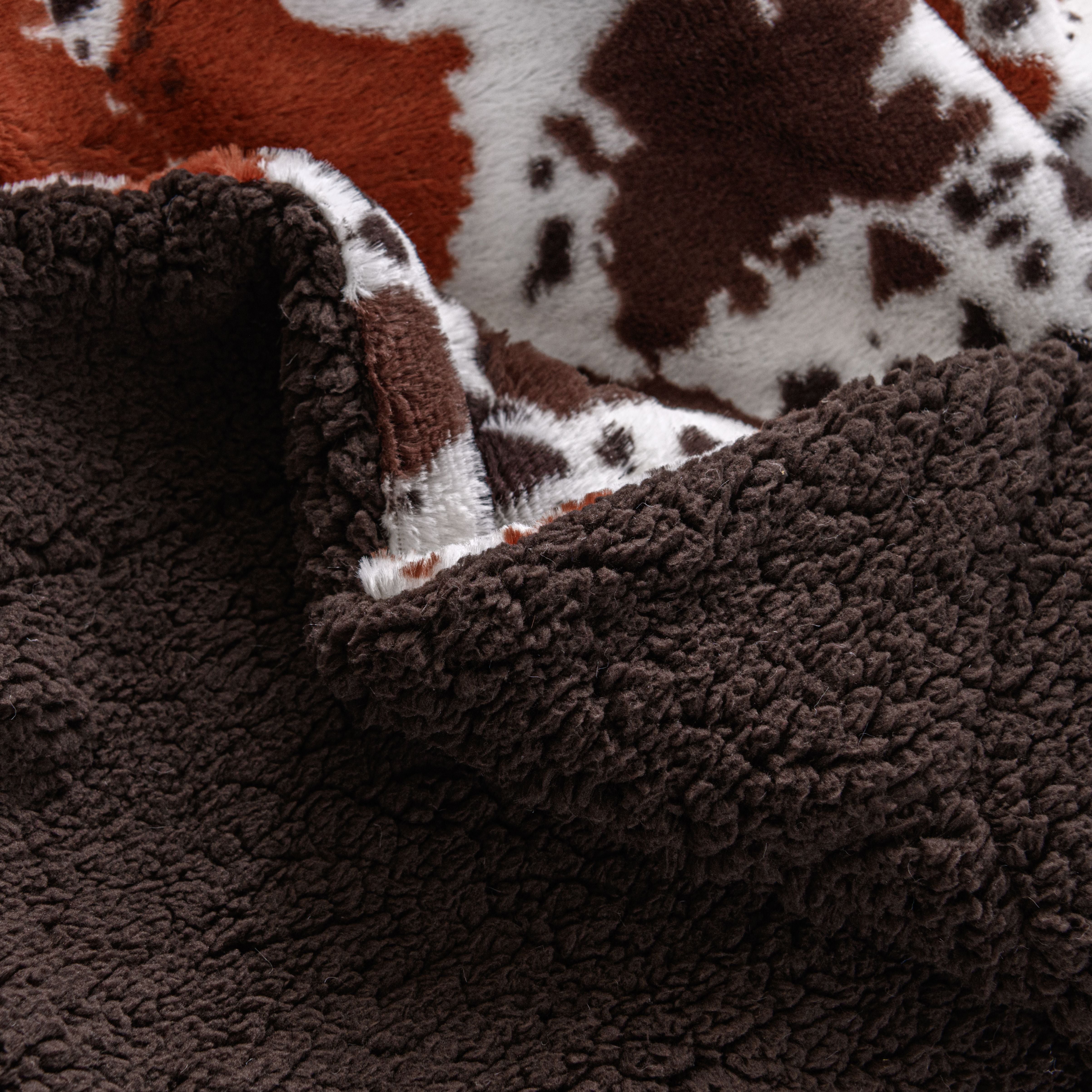 Printed Fur to Sherpa Throw Blanket 50 x 60 inches Cowhide to Dark Brown