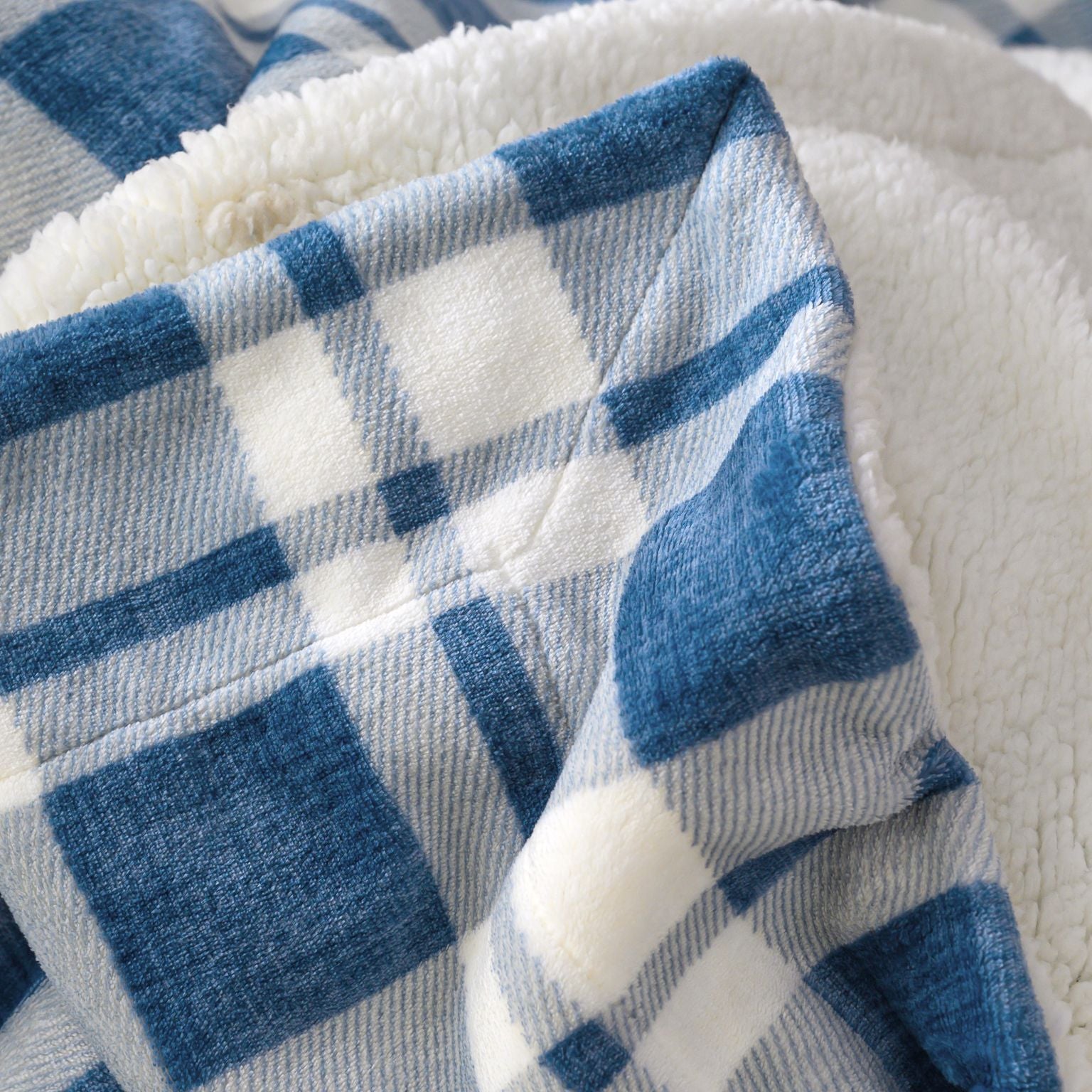 Printed Velvet to Solid Sherpa Throw Blanket 50 x 60 inches Classic Blue Plaid