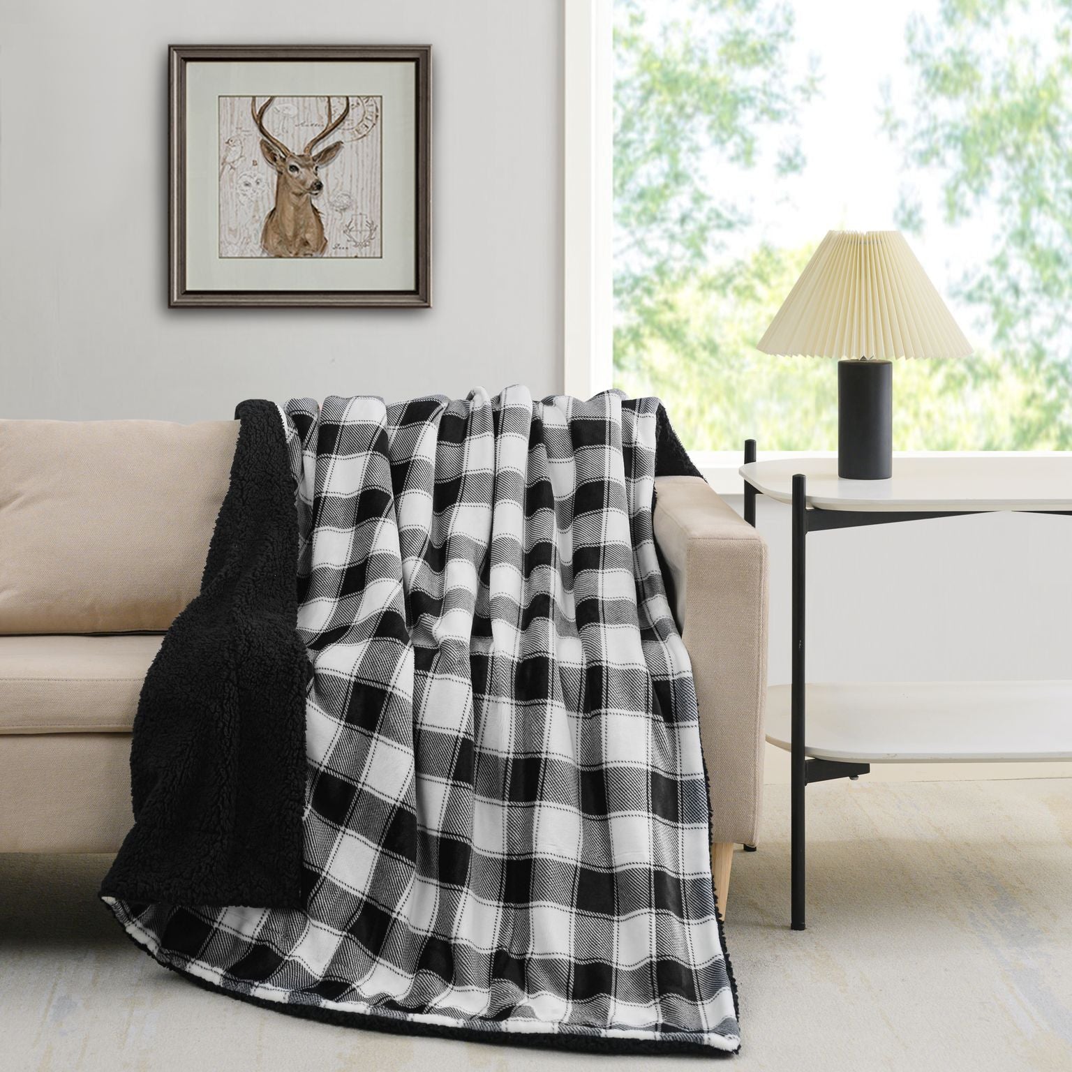 Printed Velvet to Solid Sherpa Throw Blanket 50 x 60 inches Lux Buffalo Check