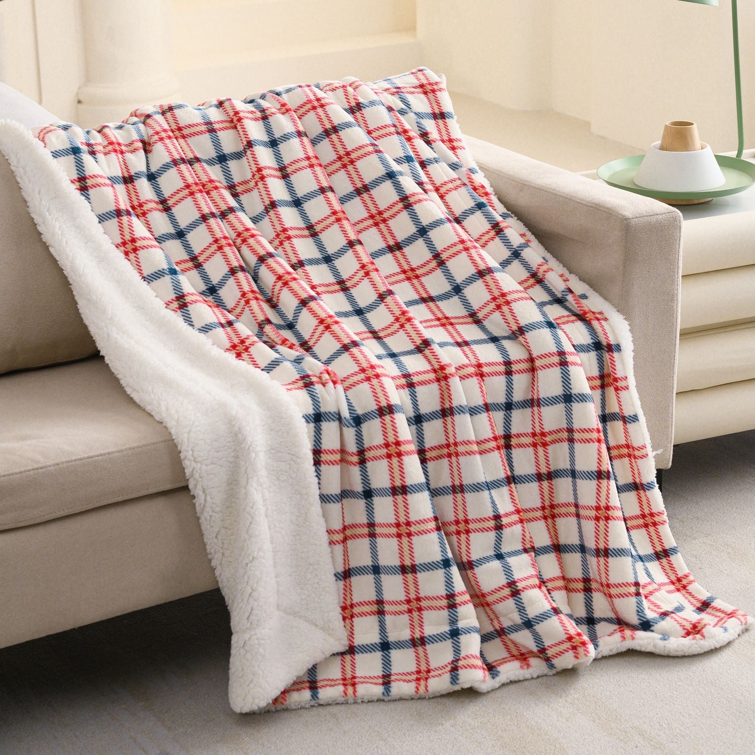 Printed Velvet to Solid Sherpa Throw Blanket 50 x 60 inches Caulli Plaid