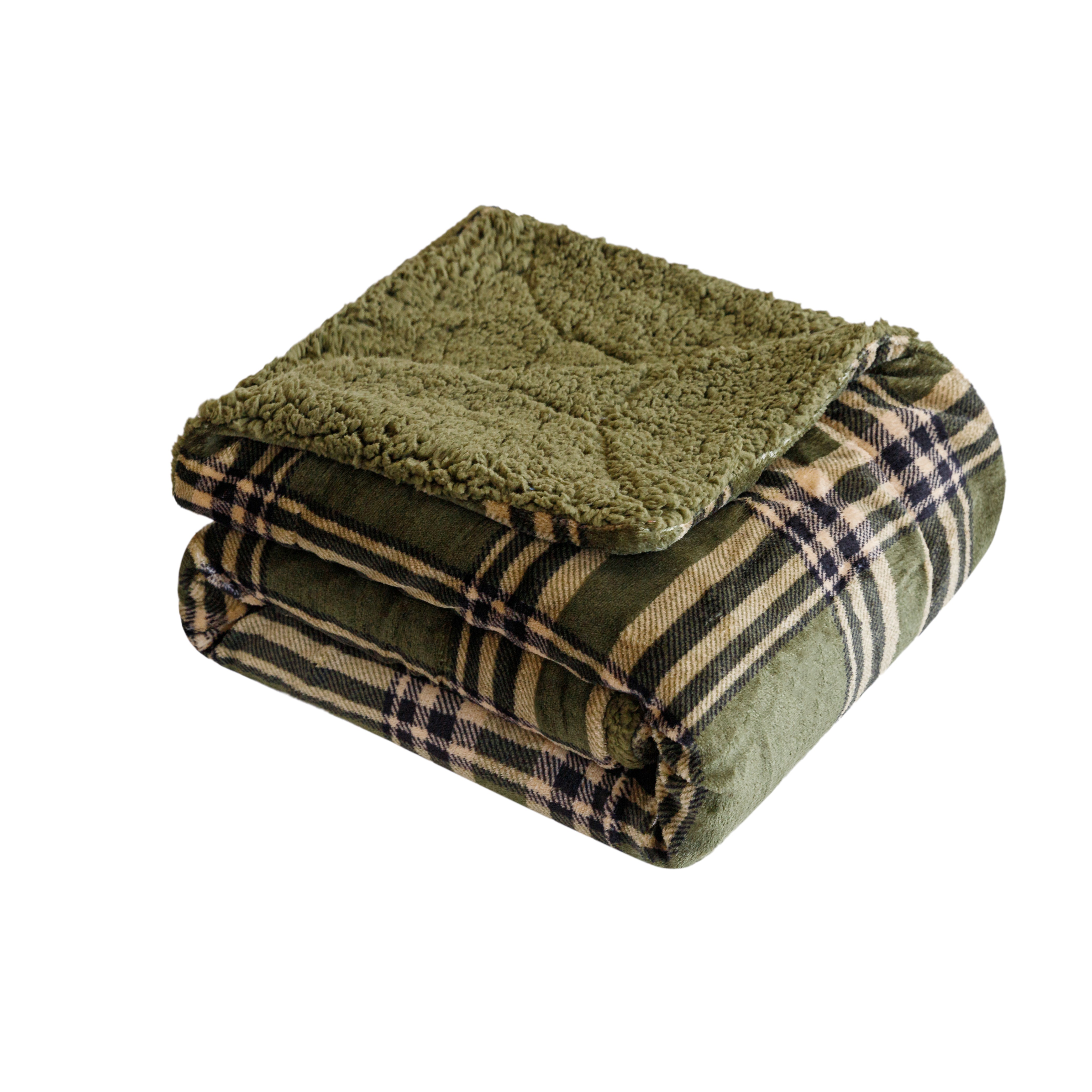 Velvet to Sherpa Throw Blanket 50 x 60 inches Modern Green Plaid to Green