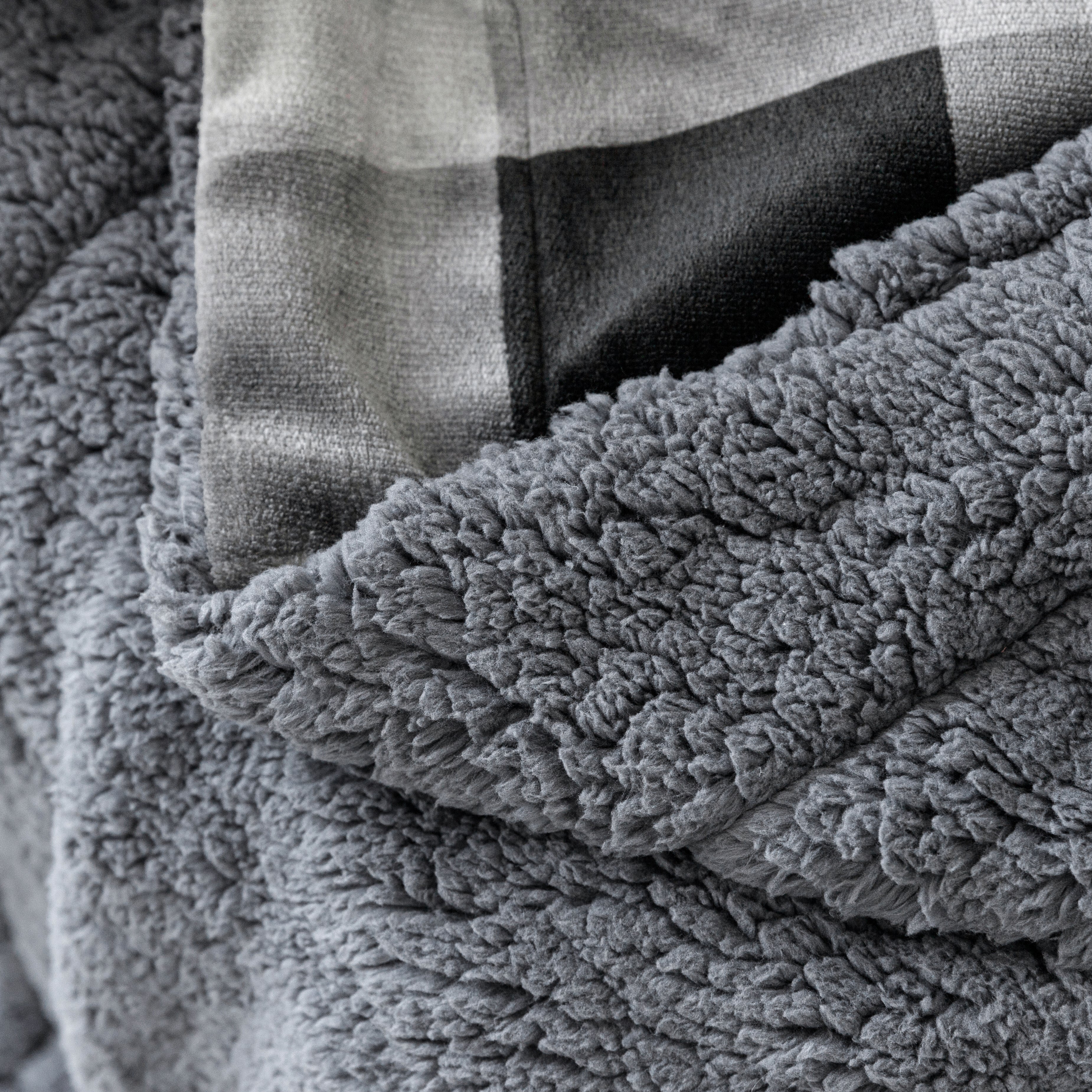 Velvet to Sherpa Throw Blanket 50 x 60 inches Charcoal Buffalo Check to Grey