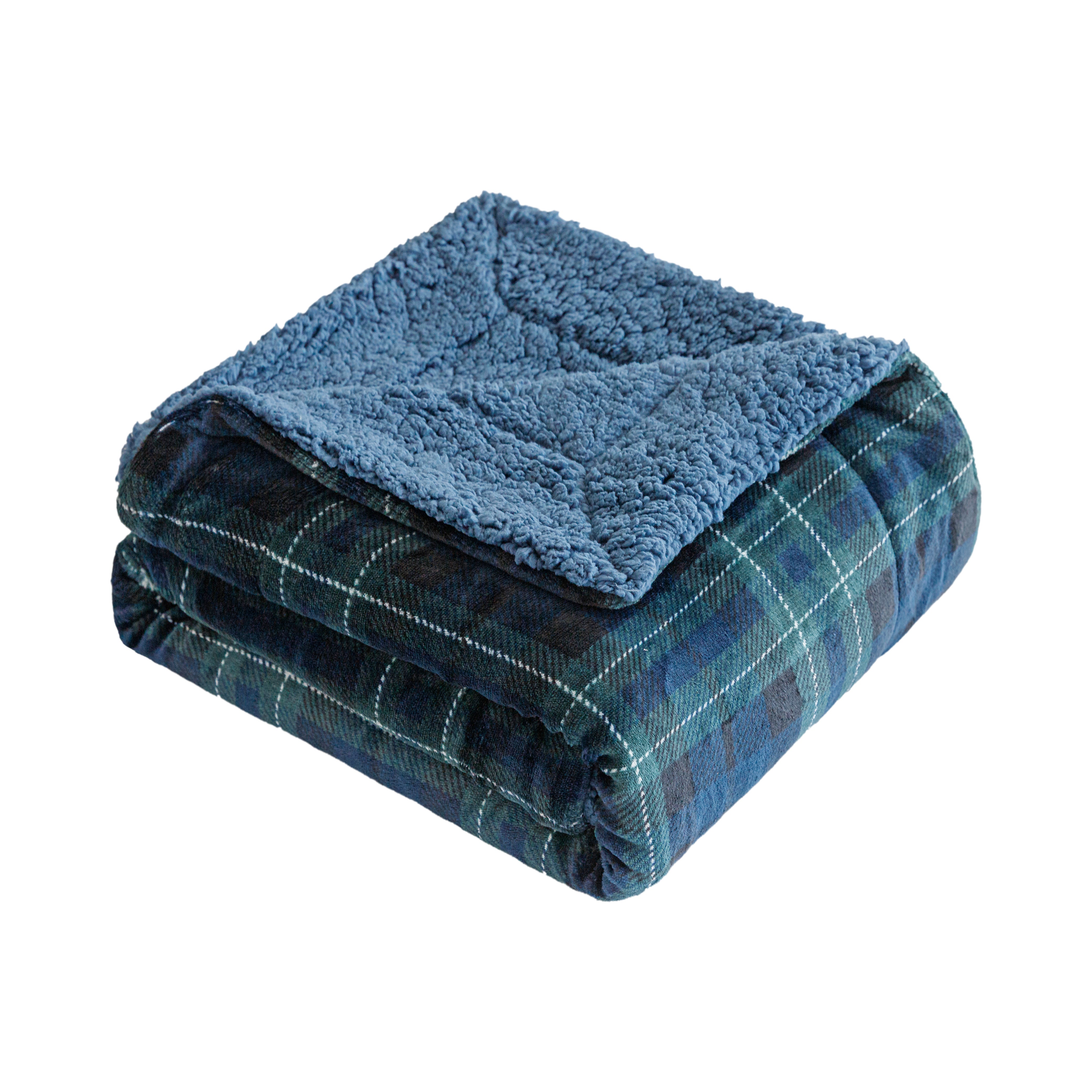 Velvet to Sherpa Throw Blanket 50 x 60 inches Blue Plaid to Navy