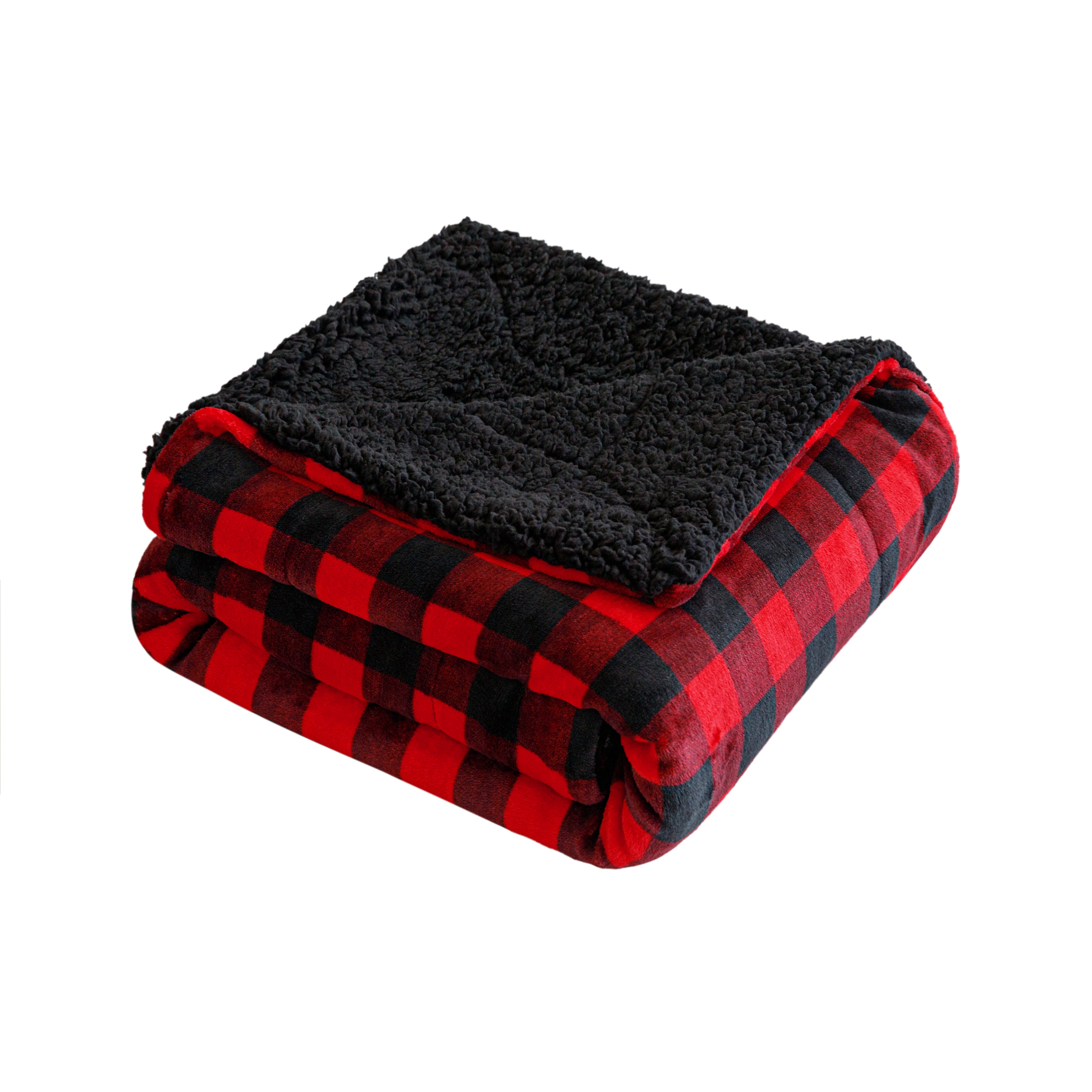 Velvet to Sherpa Throw Blanket 50 x 60 inches Red Buffalo Check to Black