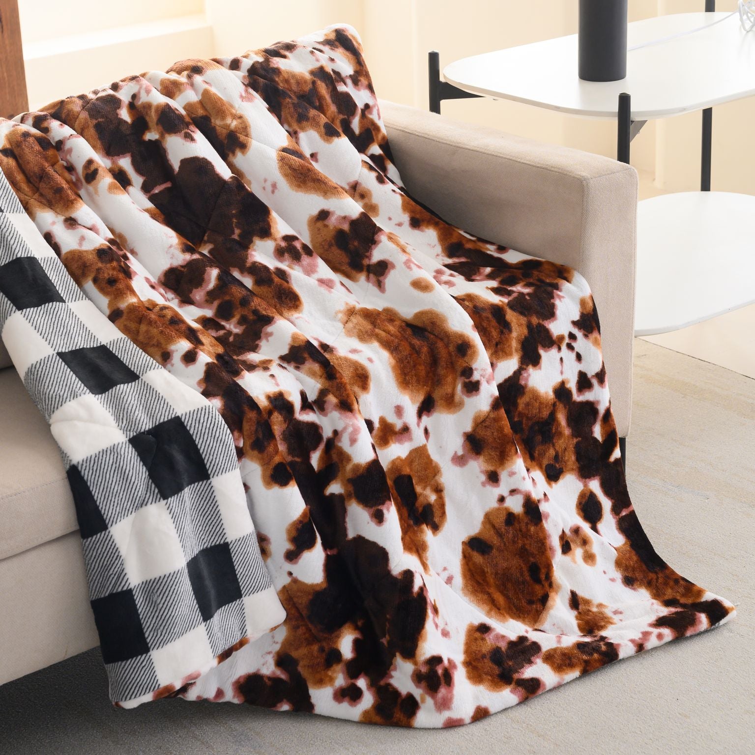 Quilted Velvet to Velvet Throw Blanket 50 x 60 inches Cowhide to Black and White Buffalo Check