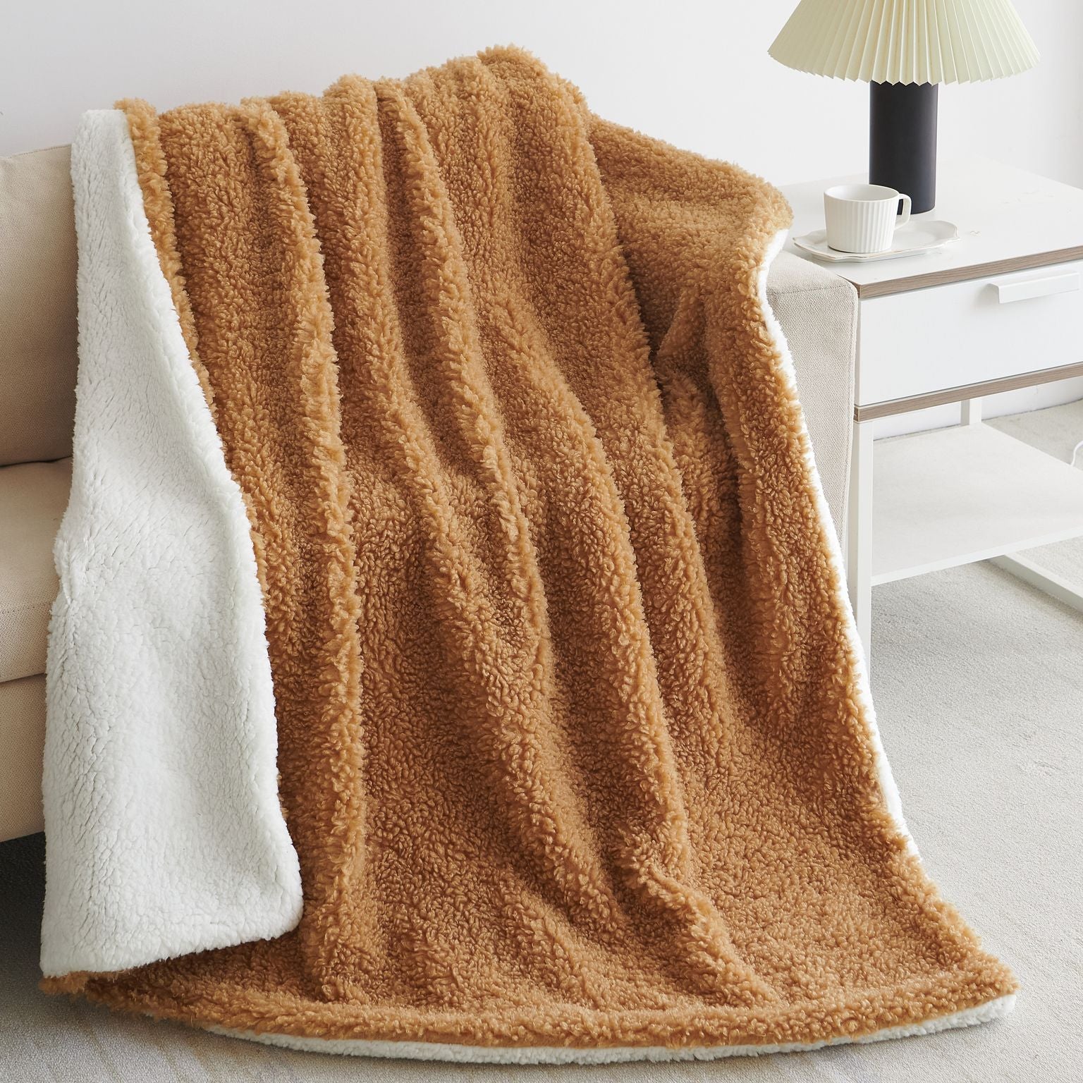 Alpaca Faux Fur to Sherpa Throw Blanket 50 x 60 inches Camel