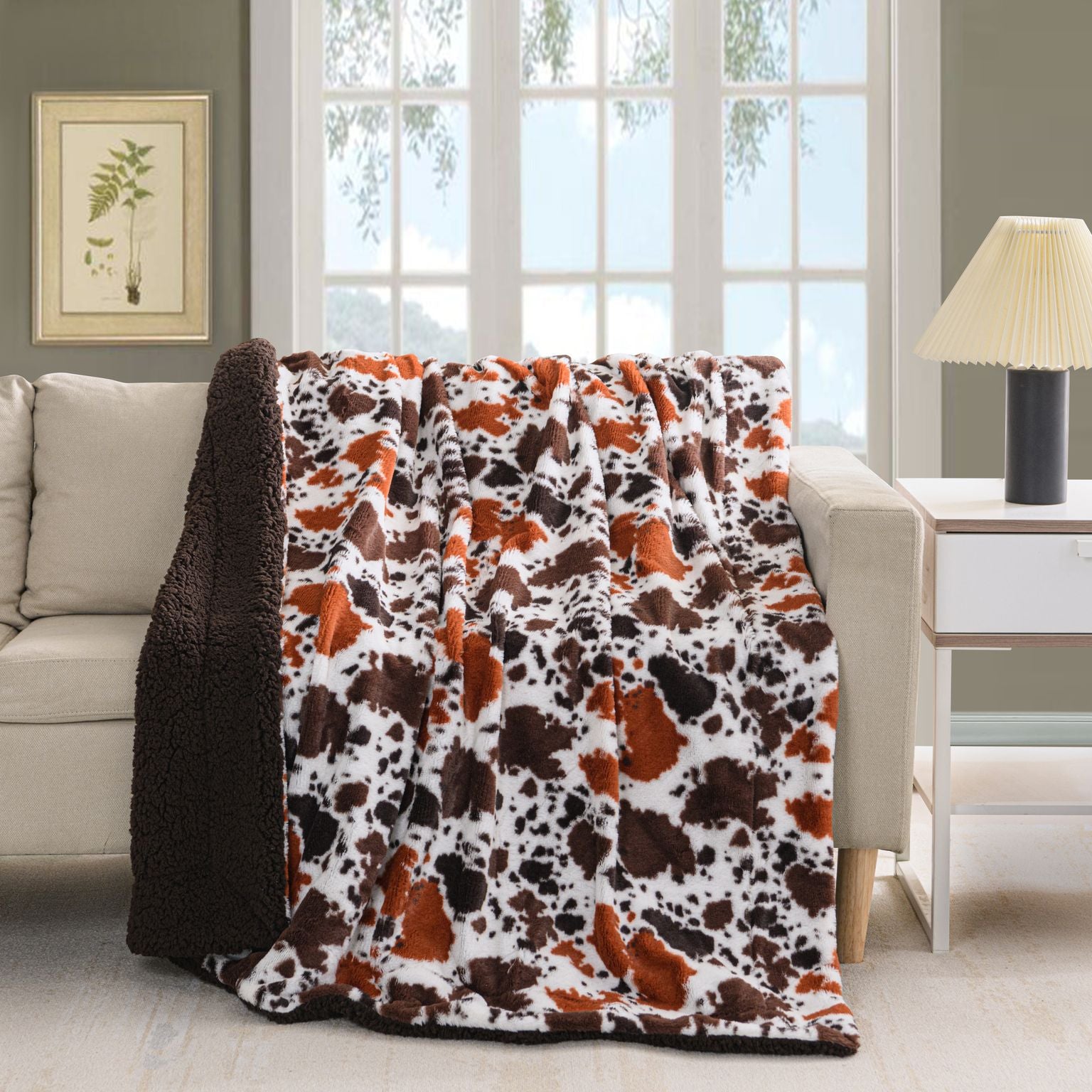 Printed Fur to Sherpa Throw Blanket 50 x 60 inches Cowhide to Dark Brown