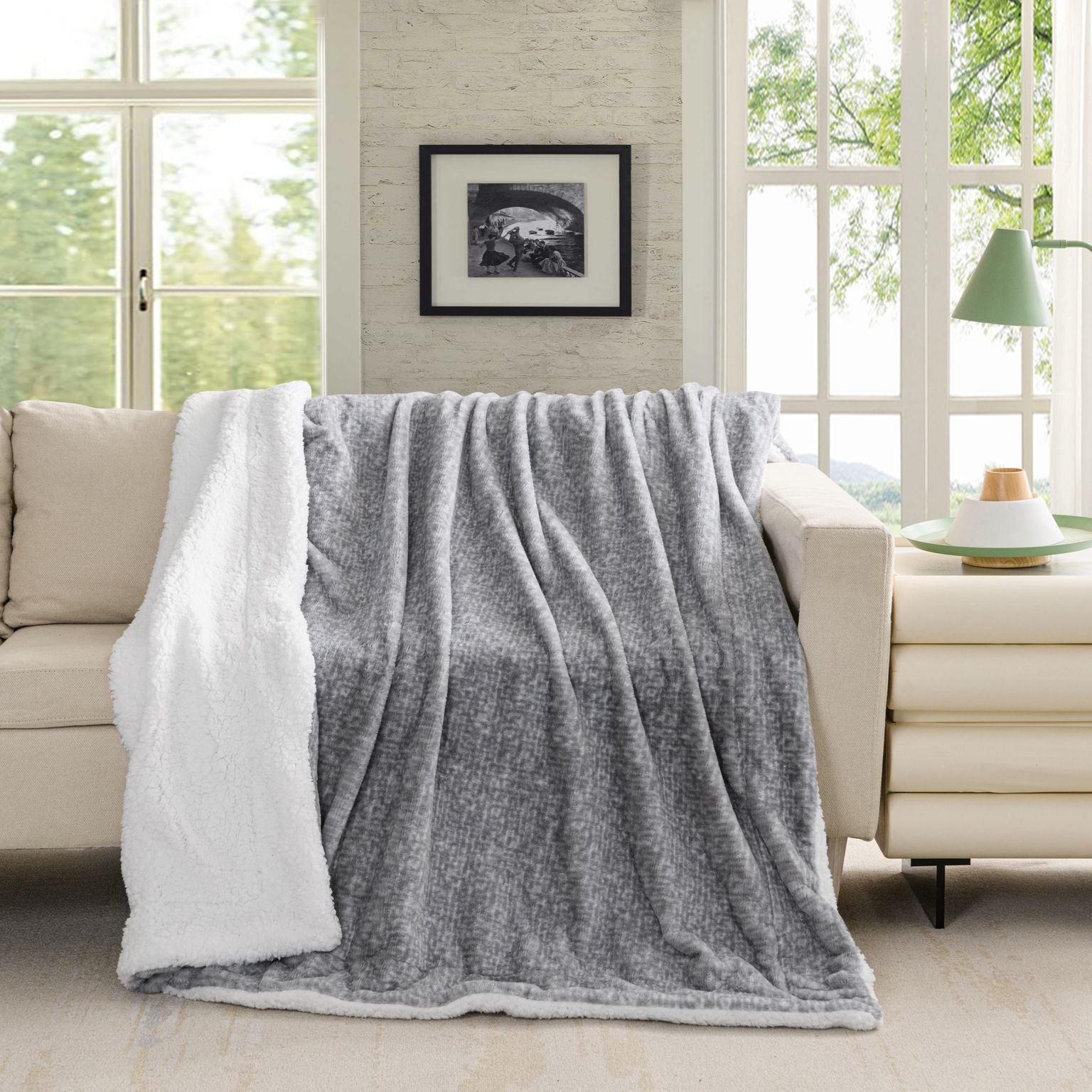 Printed Fur to Sherpa Throw Blanket 50 x 60 inches Grey Texture to White