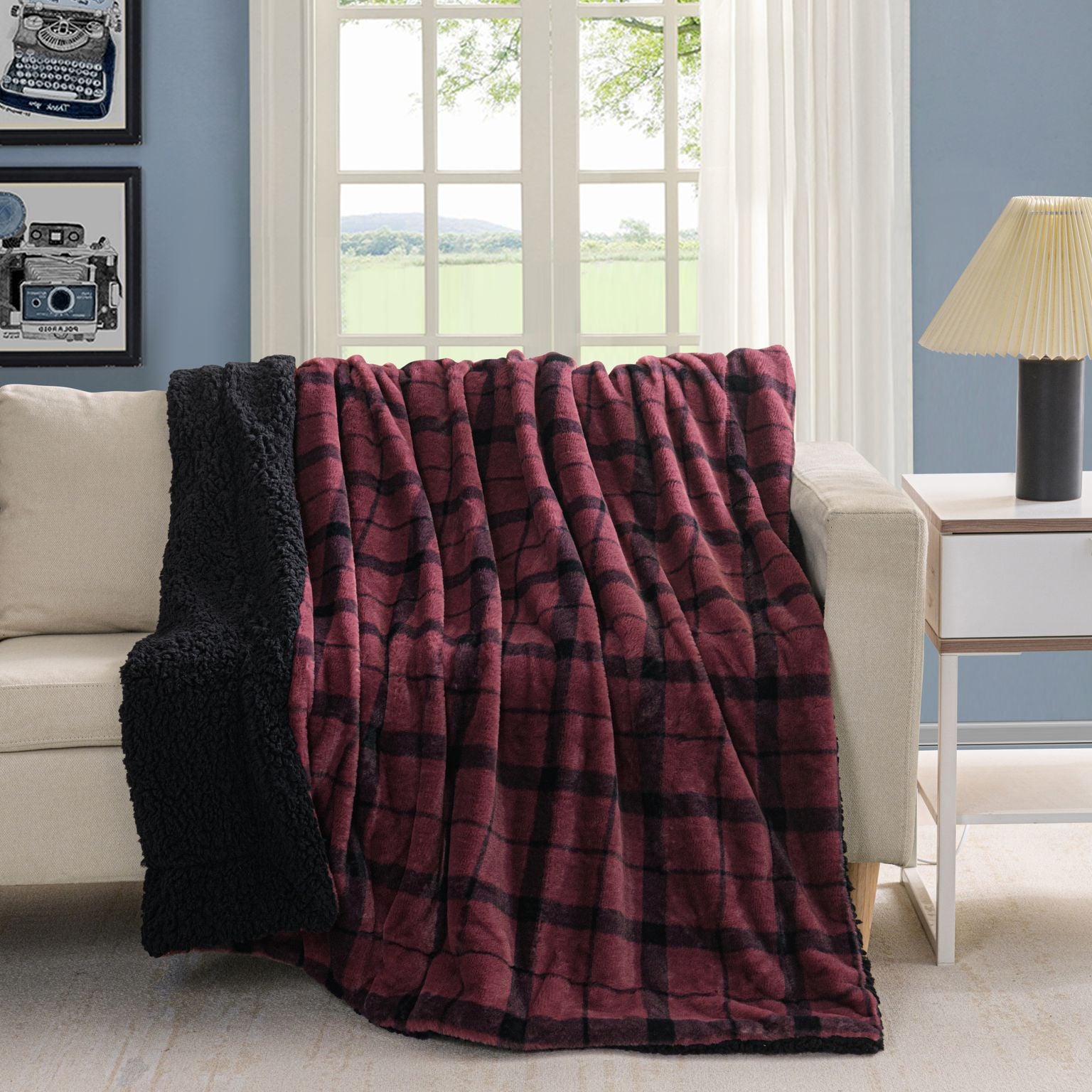 Printed Fur to Sherpa Throw Blanket 50 x 60 inches Ruby Wine to Black