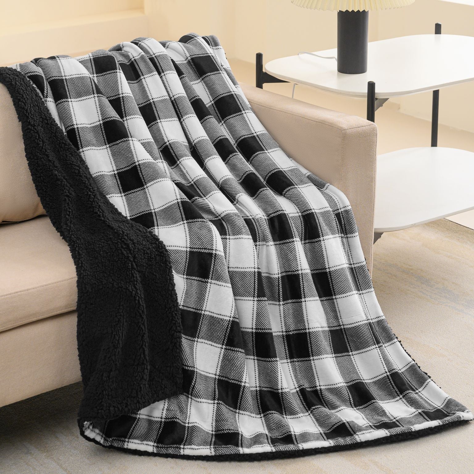 Printed Velvet to Solid Sherpa Throw Blanket 50 x 60 inches Lux Buffalo Check