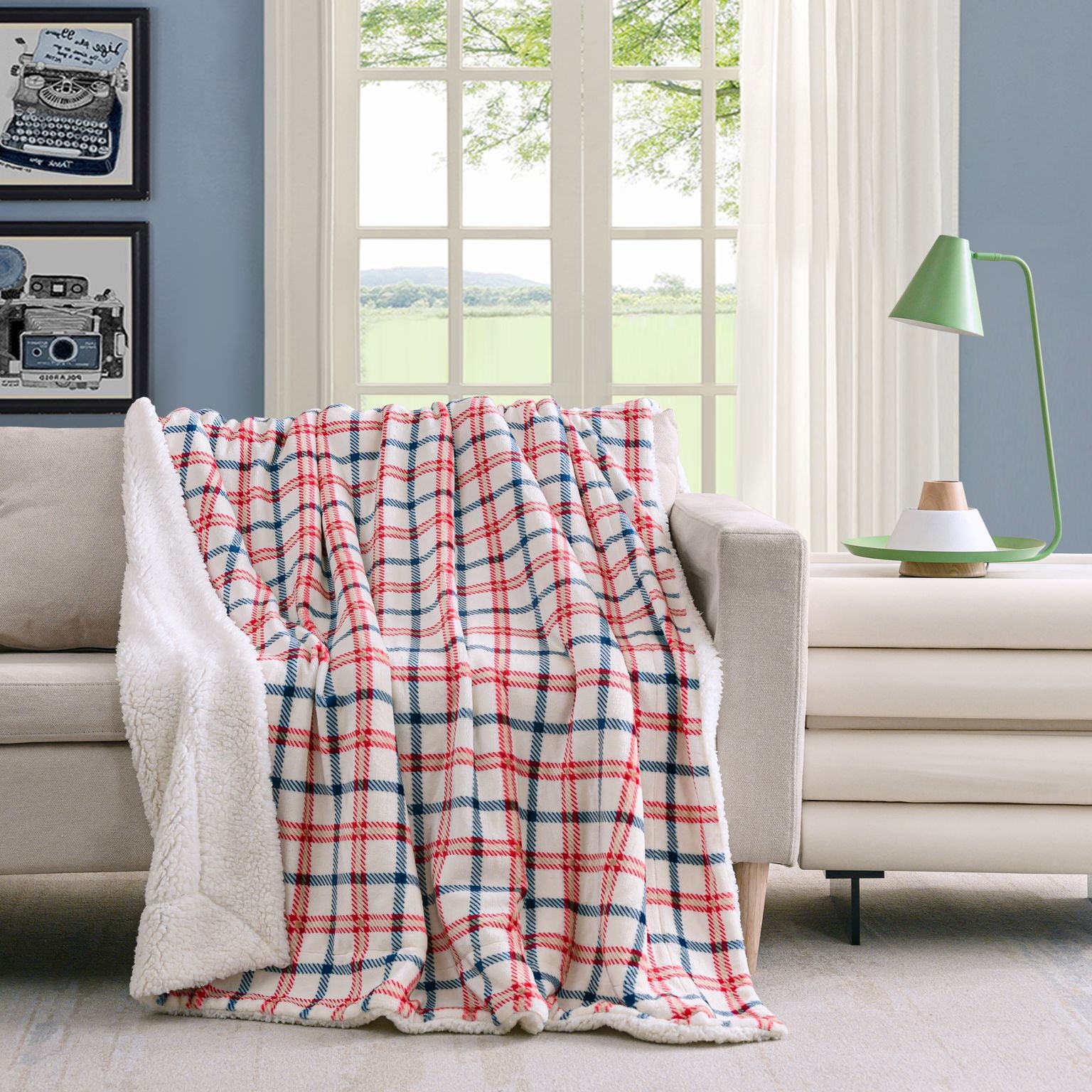 Printed Velvet to Solid Sherpa Throw Blanket 50 x 60 inches Caulli Plaid