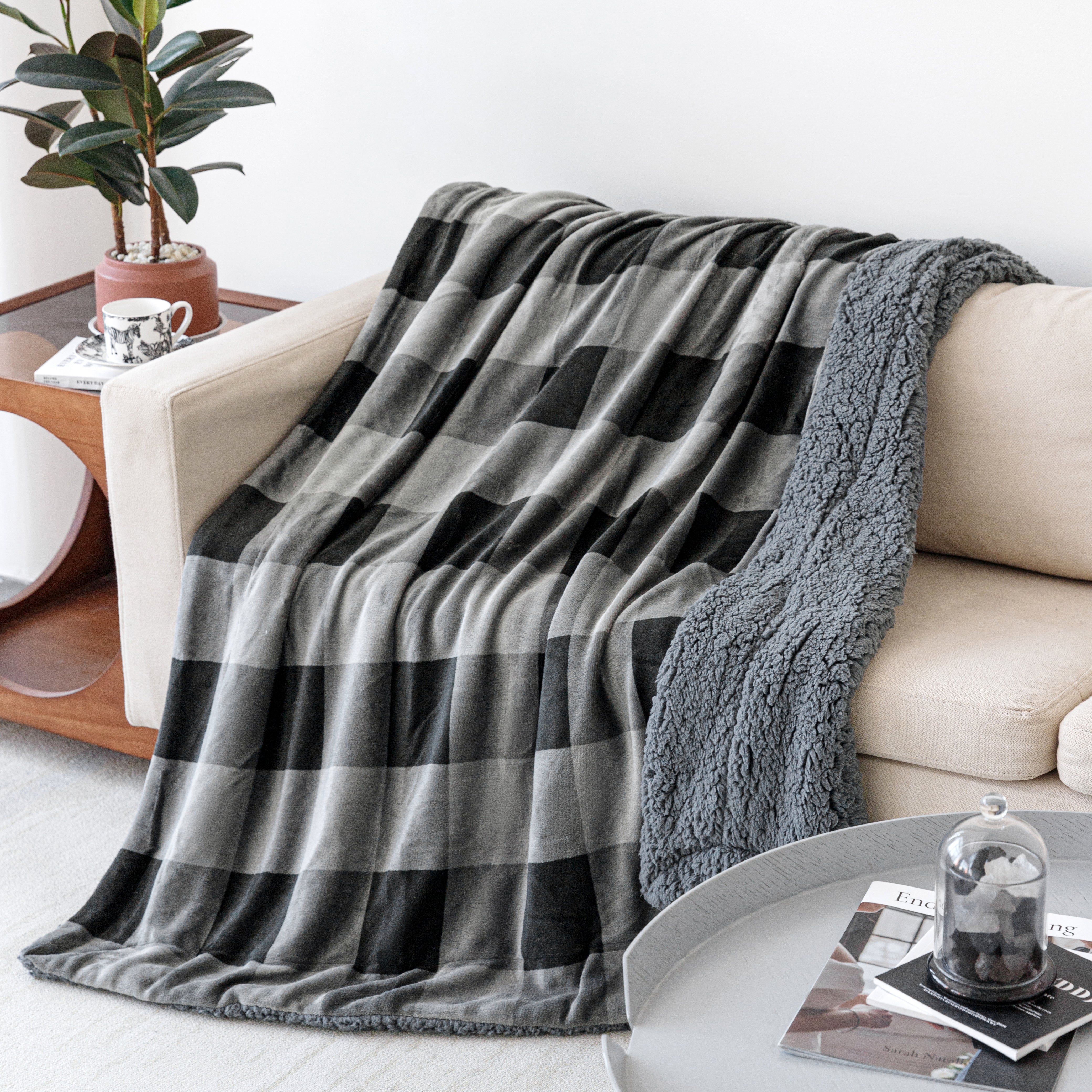 Velvet to Sherpa Throw Blanket 50 x 60 inches Charcoal Buffalo Check to Grey