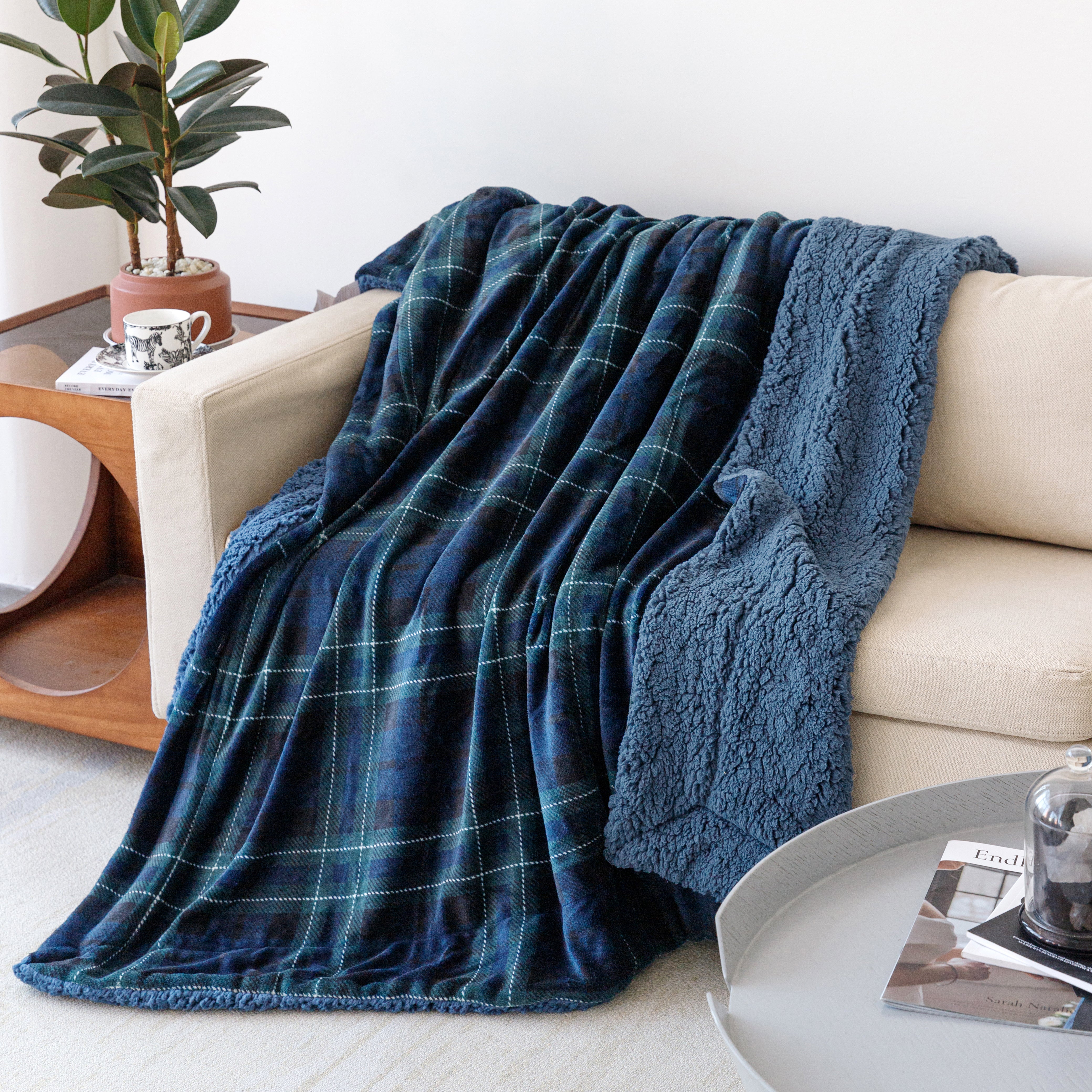 Velvet to Sherpa Throw Blanket 50 x 60 inches Blue Plaid to Navy